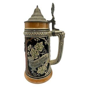 Vintage German Beer Stein 1/2L With Lid Hand-Painted Ceramic Pewter Lid Relief